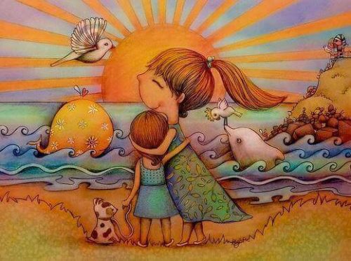 子供を抱きしめる母親