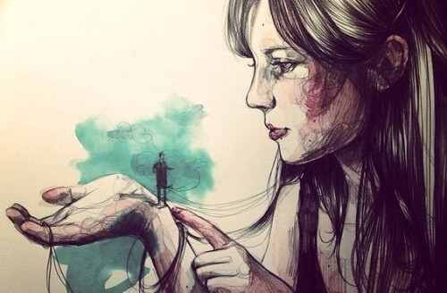 woman-with-a-small-man-in-hand