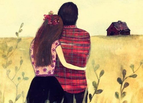 抱き合うカップルの後ろ姿