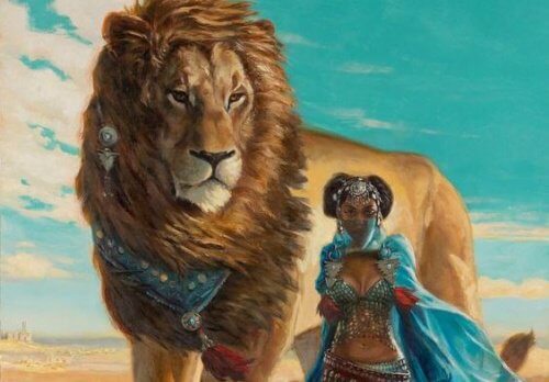 女性とライオン