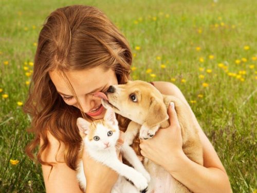 猫と犬を抱える女性