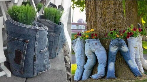 植木鉢　古いジーンズの再利用