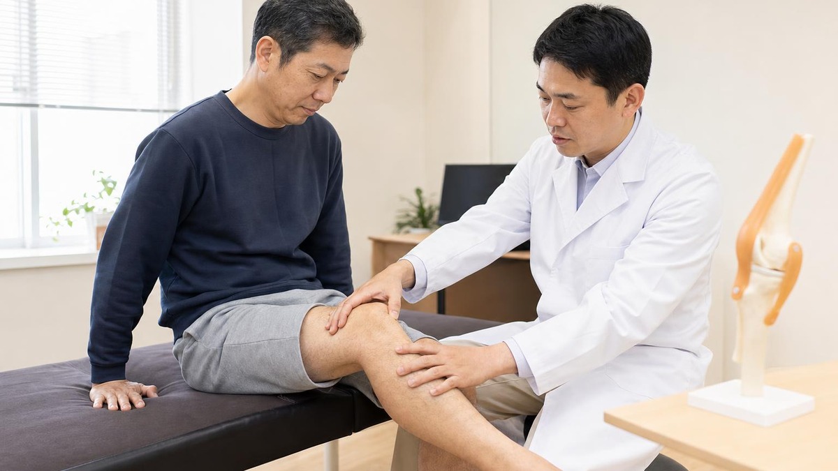 診察室で患者の膝の状態を確認する医師